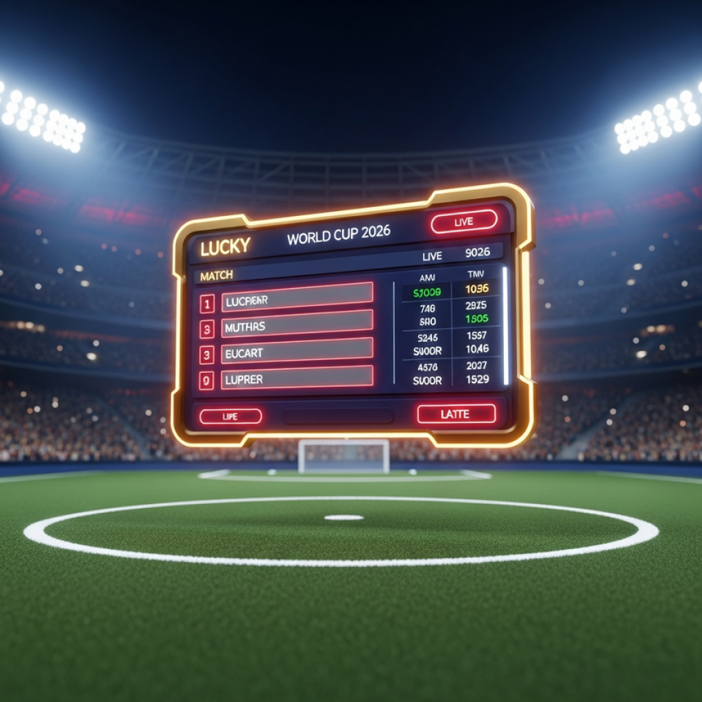 A futuristic sports betting interface for the 2026 World Cup glowing above a football stadium pitch at night.